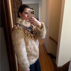 Faux Fur Beige Jacket with Embroidered Accents